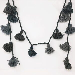 Handmade Grey Steel Blue Wool Tassel Crocheted Cord Folk Art Garland